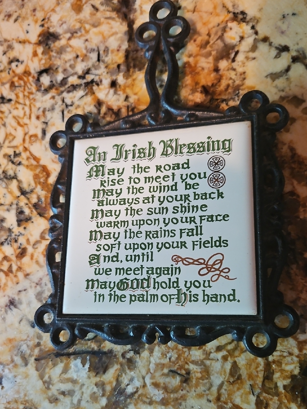 Vintage Irish Blessing, Black Cast Iron Feame, Ceramic Tile Trivet.